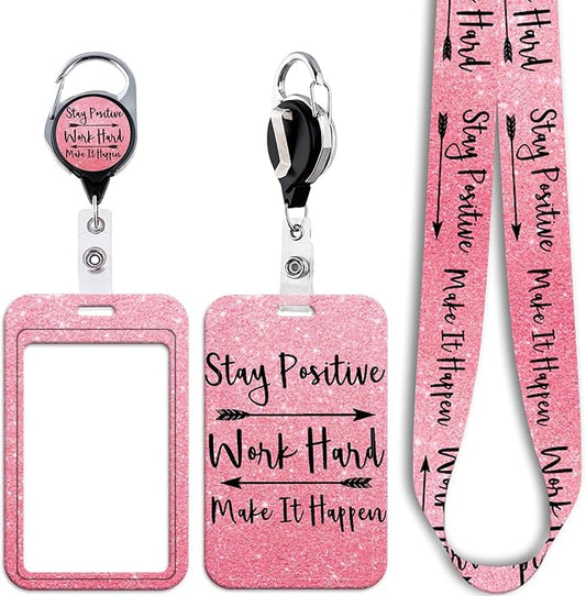 Pink ID Badge Holder Lanyard & Retractable Badge Reel Positive Lanyard for ID Badges Cute Key Lanyard for Women Girls Teachers Aesthetic Work & School Lanyard ID Holder Cruise Lanyard(Quote)