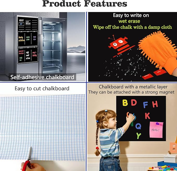 2 Pcs Magnetic Chalkboard Contact Paper 24" x 17.5" Self Adhesive Wall Board Sticker with Liquid Chalk for Kids Black Chalk Board Wallpaper Roll Alternative Magnetic Blackboard Paint