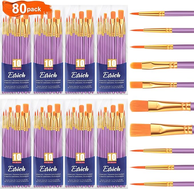 ESRICH Acrylic Paint Brushes Set, 8 Packs/80 Pcs, Nylon Brush Head, Suitable for Acrylic, Oil, Watercolor, Rock Body Face Nail Art,Perfect Suit of Art Painting(Purple)