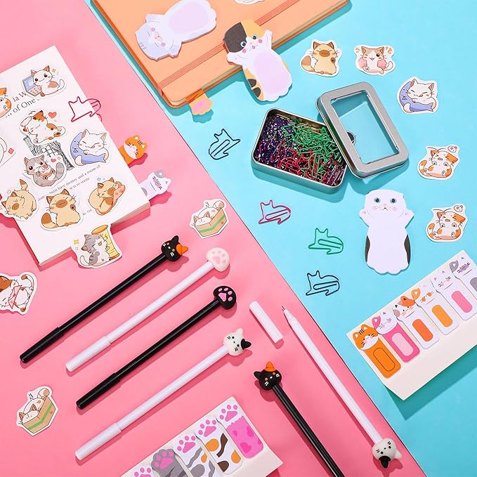 Outus Cat Office Supplies Cute Sticky Notes Paper Clips Gel Ink Pens Cartoon Stickers Party Favor for Cat Lovers Stationery School Office Supplies Desk Accessories(Funny Style)