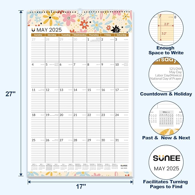 SUNEE 2025 Wall Calendar Extra Large 17"x27" with Lines, 21 Month Calendar from Now to June 2026, Vertical Large Monthly Calendar 2025-2026 for Wall, Seasons Color