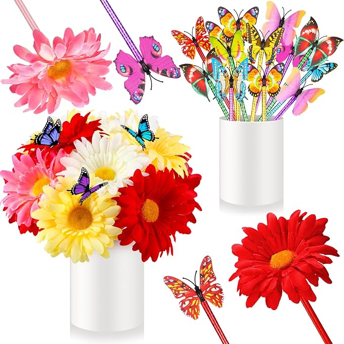 Zhanmai 24 Pieces Sunflower Butterfly Ballpoint Pens, Faux Flower, 0.5mm-0.7mm, Gel Ink, Plastic and Silicone, Multi-Purpose, Suitable for Home, School, Office, Party Decorations