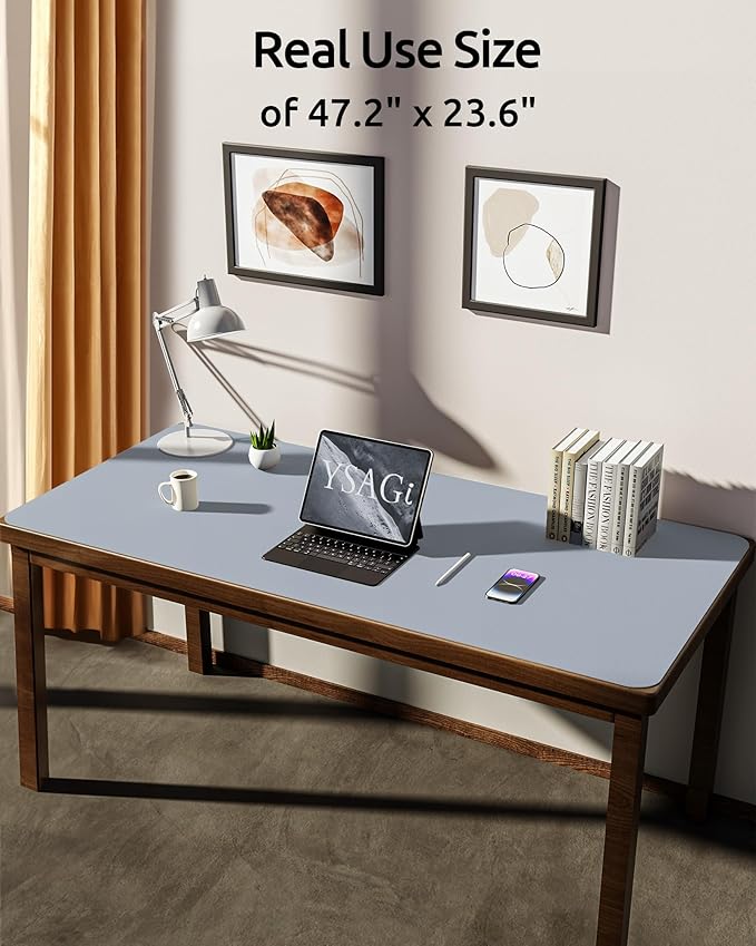 YSAGi Leather Desk Protector, Office Mat, Large Mouse Mat, Non-Slip PU Leather Blotter, Laptop Desk, Waterproof Writing Pad for Office and Home (Light Grey, 47.2" x 23.6")