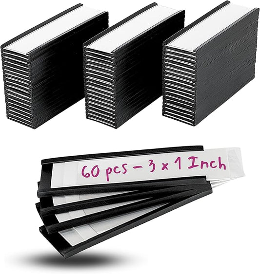 Availey 60 Pack Magnetic 'C' Channel Label Holders for Metal Racks and Shelves with Protective Films and Replacement Strips 3" x 1"