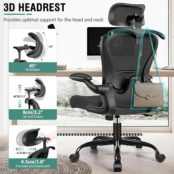 Office Chair, Ergonomic Office Chair with 3D Lumbar Support 3D Headrest, Comfy High Back Home Desk Chairs, Breathable Mesh Computer Chairs with Flip-Up Armrests & Hanger(Black)