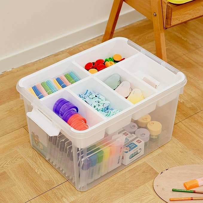 Citylife 32 QT Plastic Storage Box with Removable Tray Craft Organizers and Storage Clear Storage Container for Organizing Bead, Tool, Sewing, Playdoh, 2 Packs-Yellow