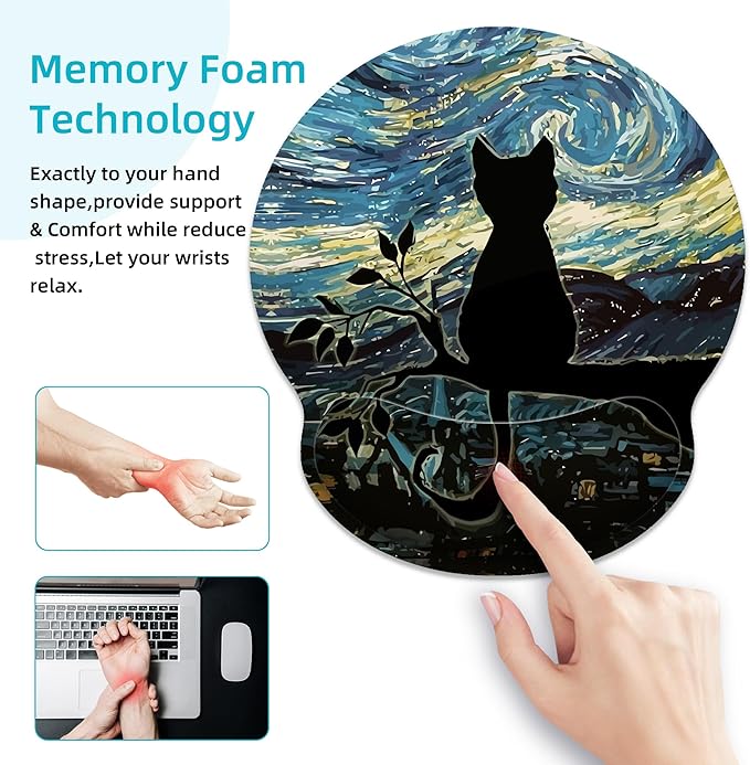 Ergonomic Mouse Pad with Wrist Support,Aesthetic Black Cat Mouse Pad with Wrist Rest,Relieve Wrist Pain Mousepad Non-Slip Rubber Base,Cute Mouse Pads for Desk,Computers,Laptop,Office,Accessories