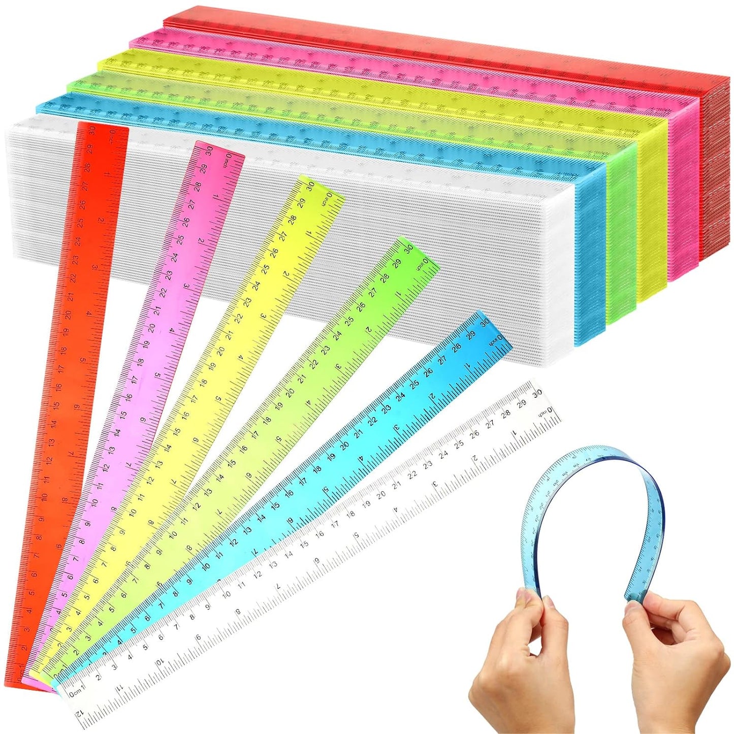 Fumete 144 Pack 12 Inch Plastic Rulers Bulk for Classroom Back to School Supplies Flexible Transparent Assorted Color Ruler with Centimeters and Inches for Office Teacher Student