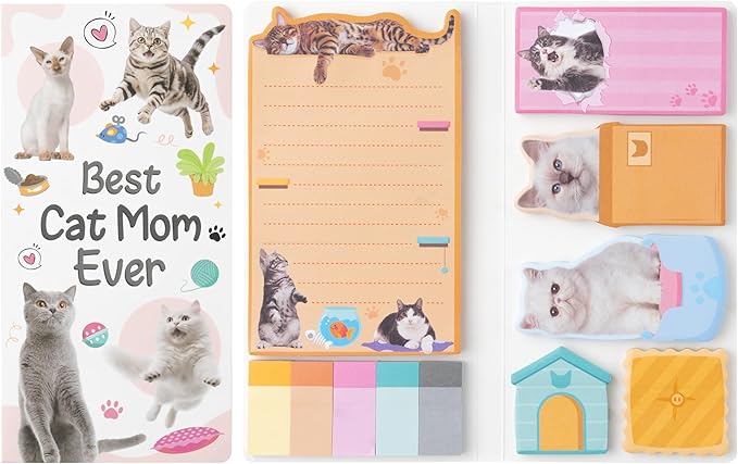B1ykin Sticky Notes Set - Cartoon Theme Cute Self-Stick Notes Pad Teacher Appreciation Gifts， Self-Adhesive Writing Memo Pages Sticky to Do Notepad for Kids Employee School Office (Cat Lovers)