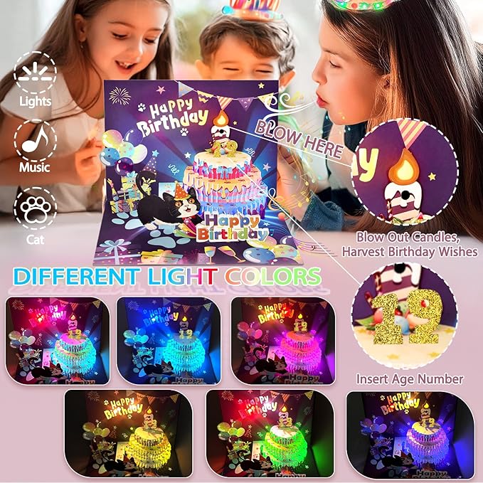 OBSEDE 3D Musical Pop Up Cat Birthday Cards for Women Men Light Blowable LED Candle Happy Funny Cake Colorful Greeting Cute Singing Gifts for Mom Dad Wife Husband Daughter Son Lovers with DIY Numbers