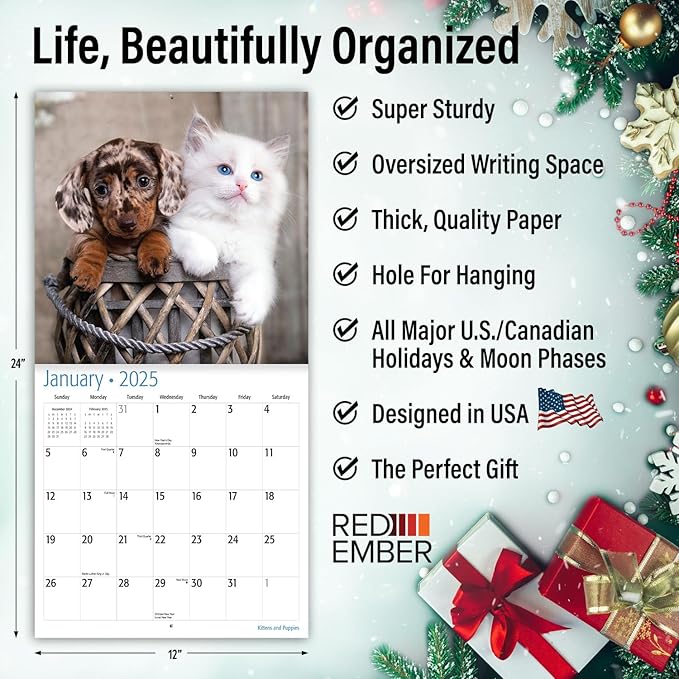 RED EMBER Select - Kittens & Puppies 2025 Wall Calendar 12 Month | 12" x 24" Open | Thick & Sturdy Paper | Giftable | Calendar 2025