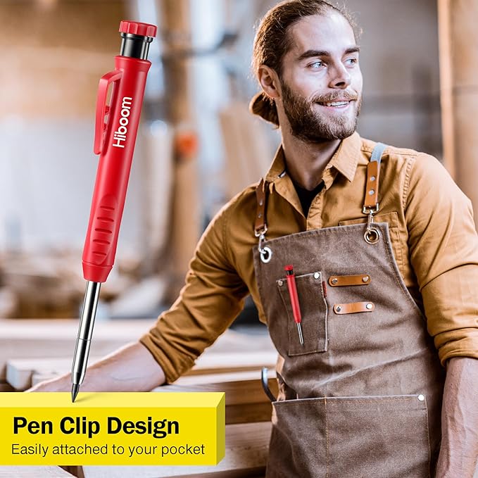 Hiboom 2 Pack Solid Carpenter Pencil with 14 Refill, Long Nosed Deep Hole Mechanical Pencil Marker with Built-in Sharpener for Carpenter Woodworking Architect with Design Patent (Black, Red)