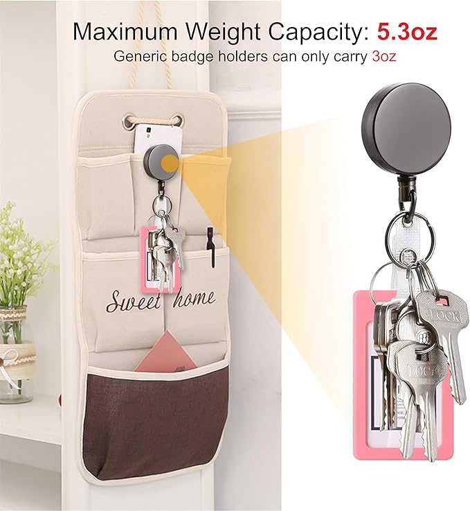 Will Well ID Badge Holder Reel with Clip and Keyring - Heavy-Duty All-Metal Casing with 27.5" UHMWPE Fiber Pull Cord for Durability and Easy Access, Holds up to 8 Keys - 2-Pack, Round, Glossy Black