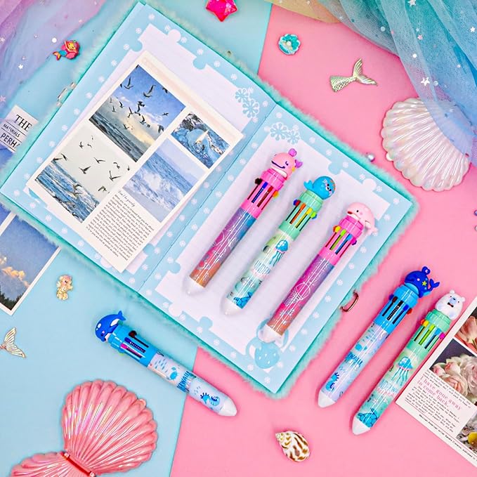 Multicolor Ballpoint Pen 0.7 mm, 10-in-1 Colored Pens Fine Point Retractable Cute Cartoon Ocean Animal Ballpoint Pens for Office School Students Kids Christmas Gift, 6 Pack