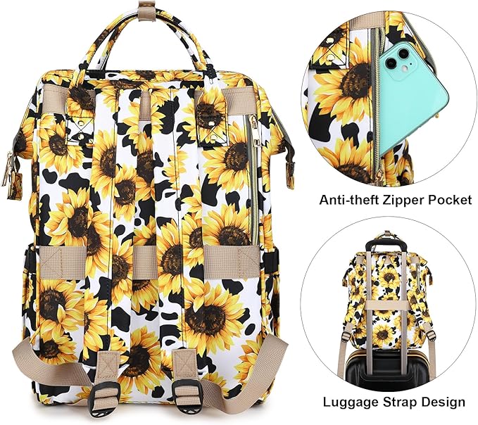 Sunflower Cow Print Laptop Backpack College School Backpack Bookbags Nurse Backpacks Travel Bags Casual Daypacks for Women Girls Fits 15.6 Inch Notebook