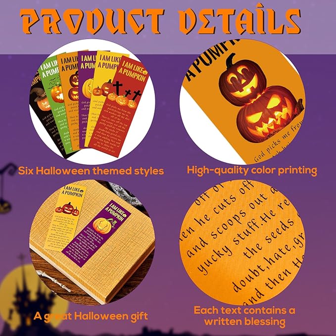 Gueevin 120 Pieces Halloween Bookmarks Pumpkin Bible Verses Bookmarks Christian Bookmarks Religious Book Markers for Women Girl Book Lovers Church Baptism Christian Halloween Gifts