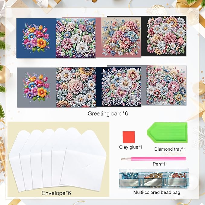 6 pcs Diamond Art Painting Greeting Card Kits - Beautiful Floral Design with Fine Glitter, 5D DIY Creative Special Shaped Diamonds Greeting Cards for Birthday Holiday Congratulations Crafts Gifts