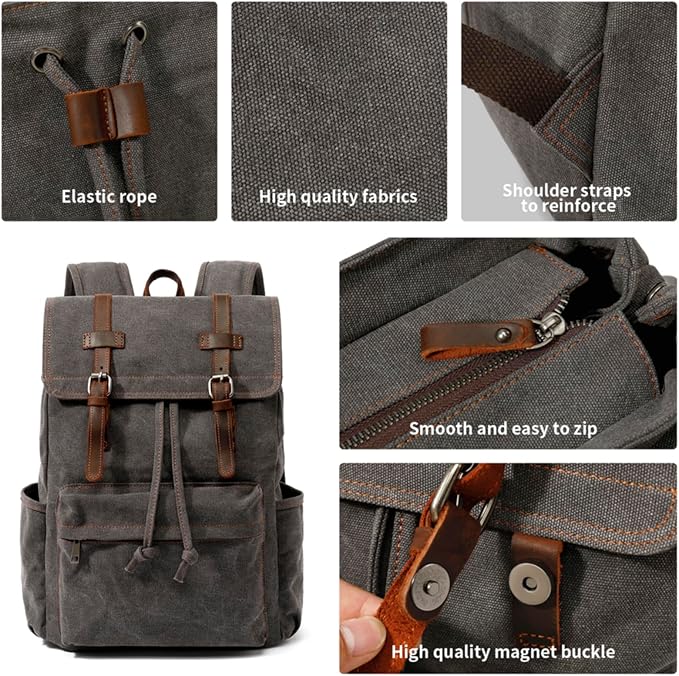 HuaChen Vintage Canvas Backpack, Mens Travel Leather Rucksack for Laptop Hiking Bag (M83_Grey)