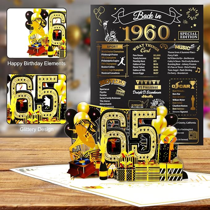 65th Birthday Card for Men Women, 3D Pop Up 65th Birthday Gifts Cards for Him Her, Back In 1960 Funny 65 Year Old Birthday Decorations