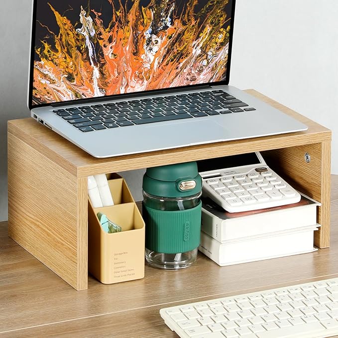 TEAMIX Higher Monitor Stand Riser, Wood Monitor Riser with Storage for Desk Small Monitor Stand TV/Screen/PC/Laptop Riser Computer Stand Desktop Shelf