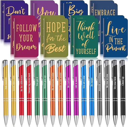 Funrous 32 Pcs Motivational Quote Pens Inspirational Notepads Mini Journal with Ballpoint Pen Small Notebooks Gift Set for Men Women Coworkers, Adult Party Favors Prizes Gift Bulk(Simple)