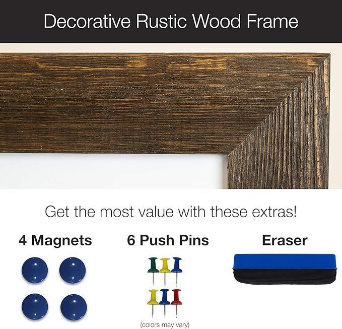 Excello Global Products Dry Erase Cork Board Combo: Magnetic White Board with Cork Bulletin & Rustic Wooden Frame for Home, School, Office - 24"x36"