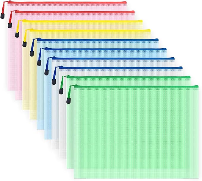 AUSTARK 10 Pcs Zipper File Bags, Waterproof Plastic Mesh Pouch for Office School, Board Game Storage Bags (B4 Size 15''x11'', Multicolored)