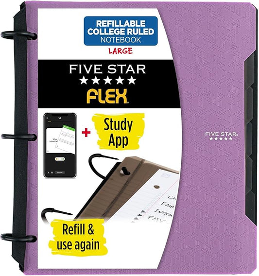 Five Star Flex Refillable Notebook + Study App, College Ruled Paper, 1 Inch TechLock Rings, Pockets, Tabs and Dividers, 200 Sheet Capacity, Purple (29328AB6)