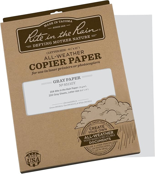 Rite In The Rain Weatherproof Copier Paper, 8 1/2" x 11", 20# Gray, 200 Sheet Pack (No. 8511GY)