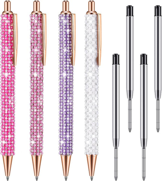 Ireer 4 Pcs Bling Rhinestone Sparkly Pens for Women Diamond Ink Crystal Glitter Metal Ballpoint Bedazzled Fancy Pens 4 Pcs 1.0mm Refills(Pink Series Color)