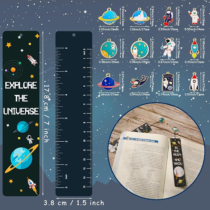 Christmas Space Theme Bookmarks with Metal Charms Planet Rocket Space Ship Theme Bookmarks Inspirational Quotes Bookmarks for Space Christmas Party Favors Gifts Kids Boys Girls Encourage(288 Pieces)