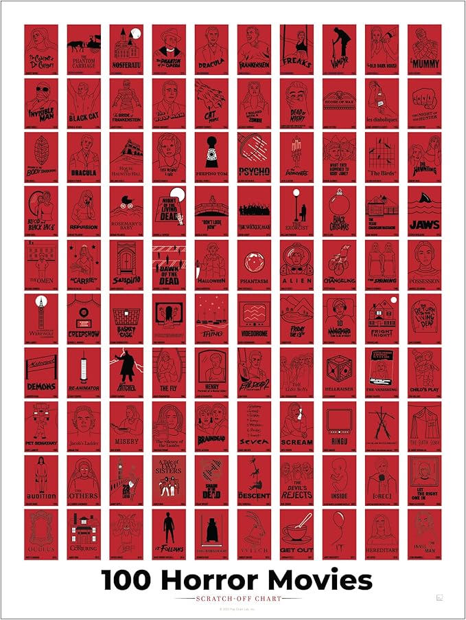 Pop Chart | 100 Horror Movies Scratch-Off Poster | 12" x 16" Wall Art | Horror Movie Decor for the Scary Movie Fan | 100% Made in the USA…