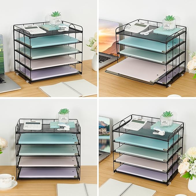 5 Tier Mesh Paper Letter Tray Organizer, Desktop Mail Sorter Office Supplies Organizer for Desk, Desk Organizers and Accessories (Black)
