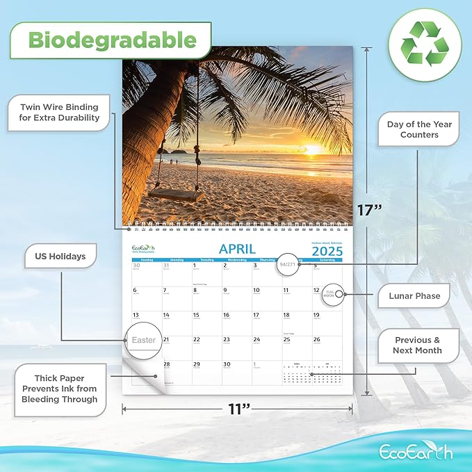EcoEarth - Biodegradable 11x17 Inch (Open) 12-Month Vertical Hanging Wall Calendar - 2025 Monthly Calendar - Paradise Beaches