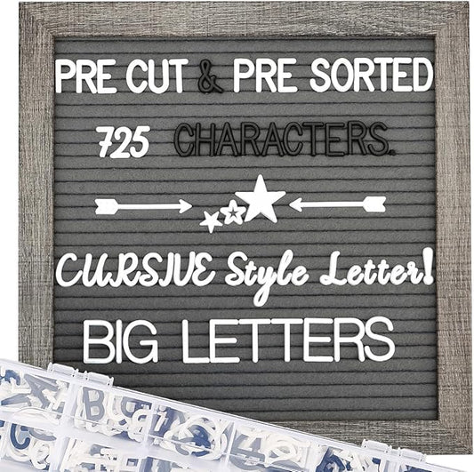 Grey Felt Letter Board - 10x10 Inch, Pre Cut 725 Letters, First Day of School, Classroom Decor, Baby Announcements