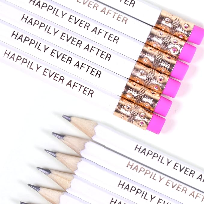 Markt Mini Pencils for Bridal Shower Games, Bridal Shower Pens, Happily Ever After Pencils, Small Pencil Set For Prizes, Game Winner Gifts (White With Pink Eraser)