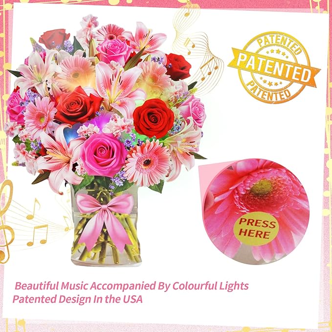 XTF2015 Paper Pop Up Bouquet Birthday Cards, Mother's Day Flower Cards, Anniversary Greeting Cards Flower Bouquet Card with Music and Lights Pink Lily Daisy, Holiday Mother's Day Birthday Decoration Gift Card