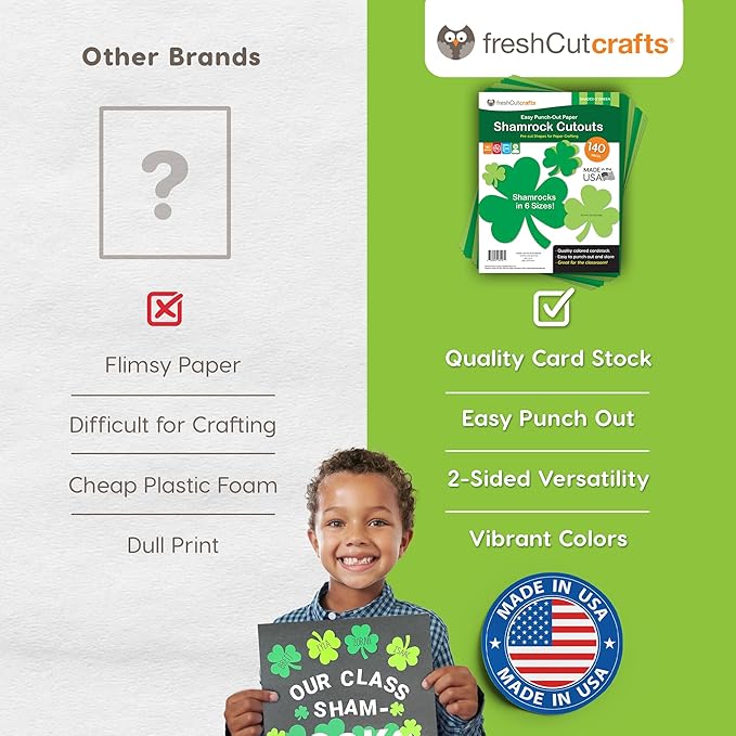 FreshCut Crafts 140 Piece Shamrock Cutouts Set: Pre-Cut Green Irish Clover Shapes for School Supplies, Decorating Themed Events Bulletin Board & St. Patrick's Day Decor, US Made Quality Card Stock