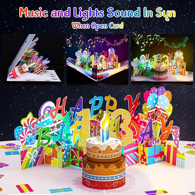 Gumry 13TH Musical Birthday PopUp Card, Blowable Colorful Light Candle 3D Cards with Song, Applause Cheers Sound, Greeting Cards Birthday Gifts Decorations for Women Men Turning 13 Years Old