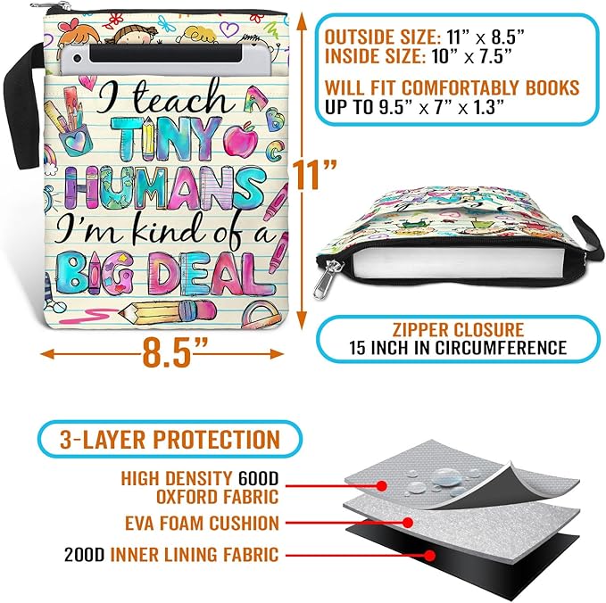 84hoods Book Sleeve Bag Gift for Teachers and Book Lovers. Book Cover Bag with Zipper and Front Pocket for Paperbacks. Washable Fabric 11 X 8.5 Inch Padded Book Bag Protector Pouch. Tiny Humans.