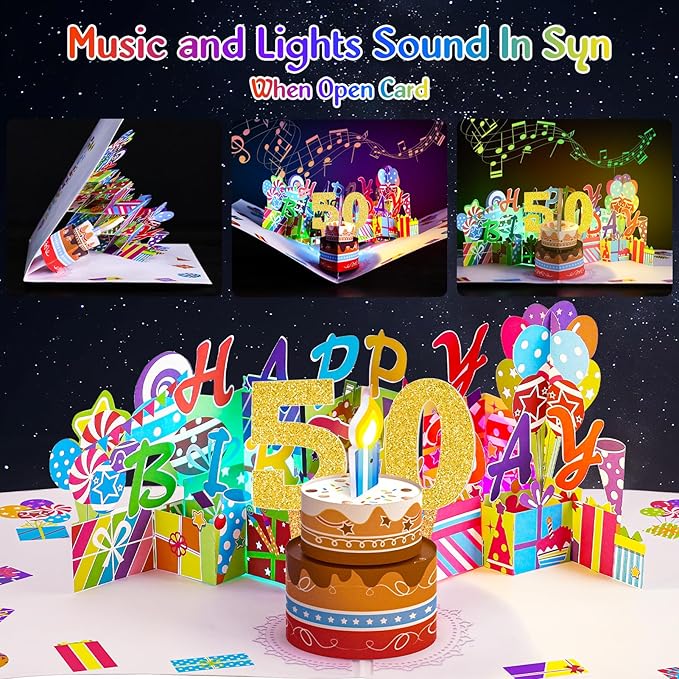 Gumry 50TH Musical Birthday PopUp Card, Blowable Colorful Light Candle 3D Cards with Song, Applause Cheers Sound, Greeting Cards Birthday Gifts Decorations for Women Men Turning 50 Years Old