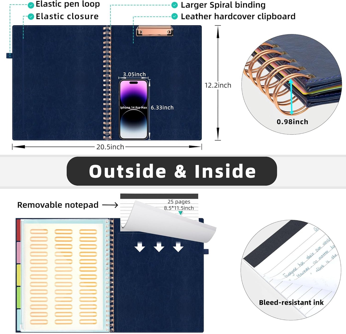 Ospelelf Leather Clipboard Folio with Notepad for Letter Size, Spiral Clipboard Folder with Storage Zipper Pouch, 5 Folders with 10 Pockets, 39 Divider Label Stickers, Pen Loop Series (Blue)