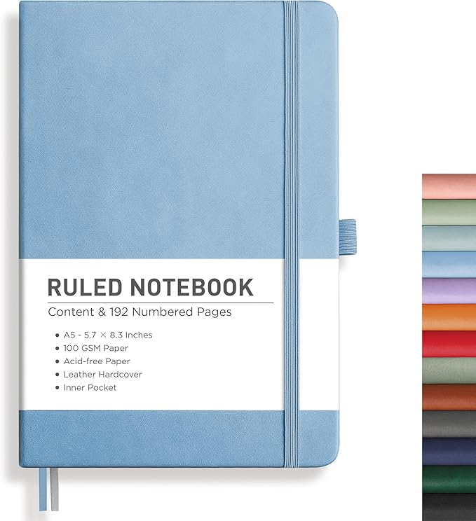 RETTACY Journaling Notebooks, A5 Lined Journal Notebook with 192 Numbered Pages, 5.7'' × 8.3'' Medium Size, for Writing, Work, Office, Leather Hardcover, 100 GSM Thick Paper (Light Blue)