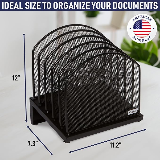 Dasher Products Inclined File Sorter Desk Organizer - File Rack with 5 Upright Sections for Documents, Binders, Folders, Clipboards, and More. Desktop Organization for Home, Office, School, and Store