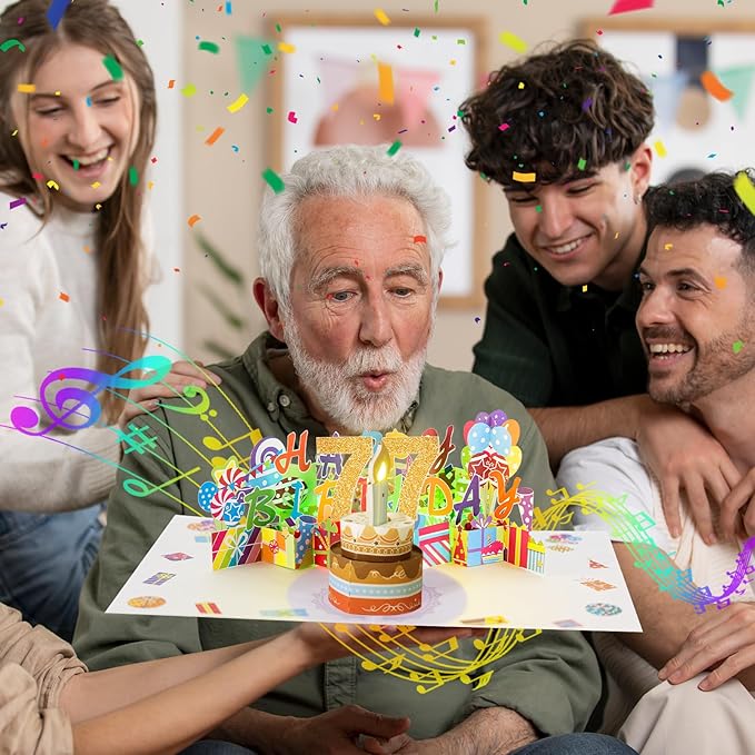 Gumry 77TH Musical Birthday PopUp Card, Blowable Colorful Light Candle 3D Cards with Song, Applause Cheers Sound, Greeting Cards Birthday Gifts Decorations for Women Men Turning 77 Years Old