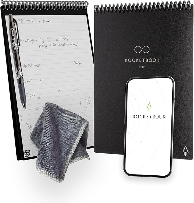 Rocketbook Flip Reusable Smart Notepad, Top Bound Notebook Executive Size 6x8.8, Black - Lined and Dotted Pages, App-Connected, Erasable, Ideal for Righties and Lefties