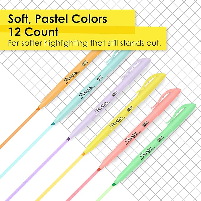 Sharpie Pocket Highlighters, Mild Pastel Colors, Assorted, Chisel Tip, 12 Count
