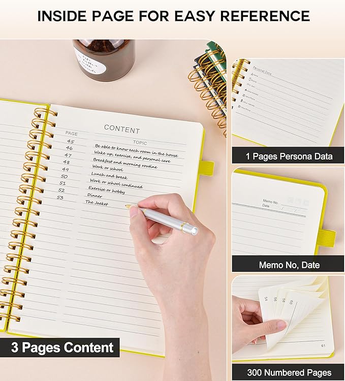 Spiral Notebook Journal for Women Men, 300 Numbered Lined Pages, College Ruled, A5 Hardcover Spiral Bound Notebook for School, Work, Note Taking Writing, Leather Spiral Journal Medium 5.9"x8.5"