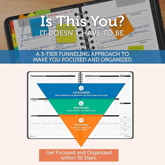 Planner Pad Spiral Bound January-December 2025/ Calendar Year 8 1/2" x 11" Large 3-Tier Funnel Down 12 Month Organizer, Black Cover/Black Ink