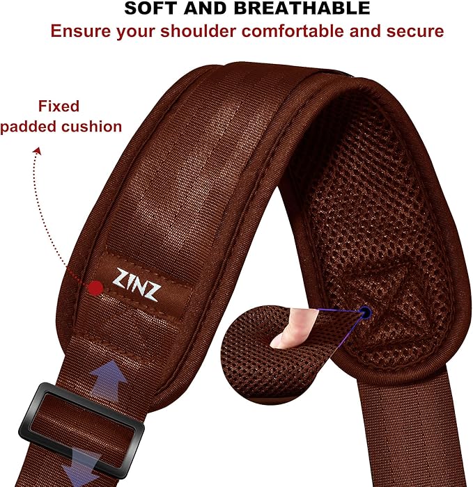 ZINZ 75" Shoulder Strap with Fixed Pad and Dual Balanced Buckles，Brown